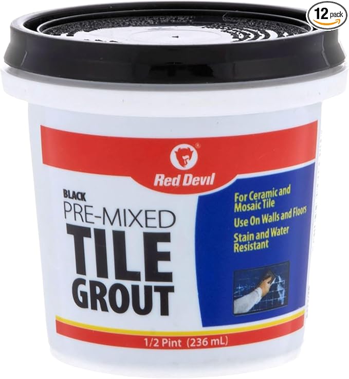 Red Devil 042260 Pre-Mixed Tile Grout - Professional Quality, Excellent Adhesion, Ideal for Wall & Floor Use - 1/2 Pint, Black, Made in USA (Pack of 12)