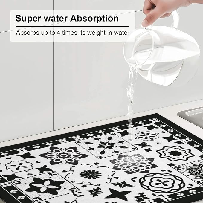 Retro Black Pattern Dish Drying Mat For Kitchen Counter, Super Absorbent Microfiber Dish Drying Pad, Kitchen Gadgets For Easy Clean Multi-Use Large 18"x24"