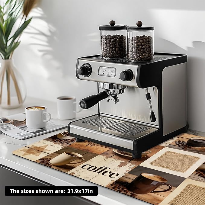 Dish Drying Mat Large Coffee Mat Absorbent Drying Mat for Kitchen Counter Coffee Bar Accessories 32"x 17", Retro Wood Grain Collage