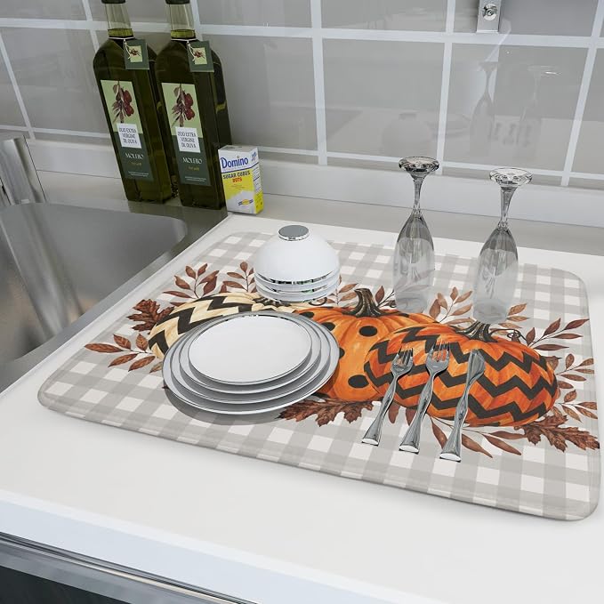 Halloween Dish Drying Mat for Kitchen Counter Pumpkin Brown Leaves Festival Microfiber Absorbent Dish Draining Reusable Washable Foldable Extra Large 18"x24"