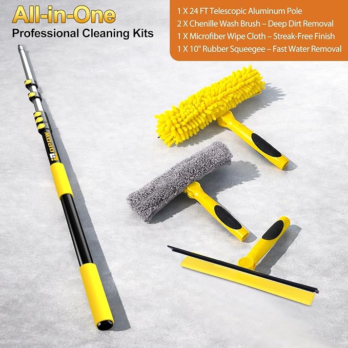 30 Feet High Reach Squeegee Window Cleaner Kit with 5-24Ft Extension Pole | 2 in 1 Window Cleaning Tool w/ 6-Stage Telescopic Pole &Rotatable Head,Window Washing Equipment for Solar Panel,RV,Car Glass