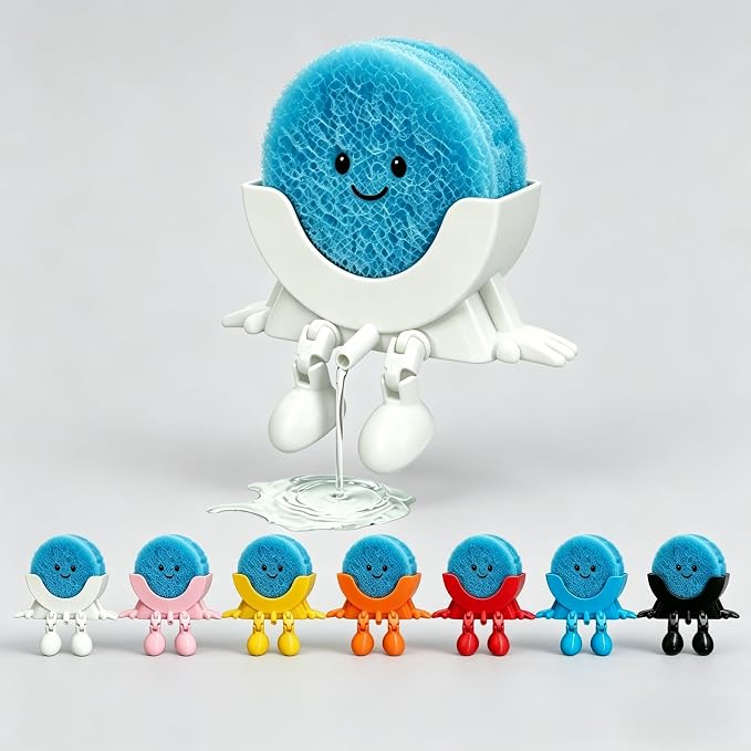 Cute Hanging Sponge Holder with Drainage,3D Printed Kitchen Funny Sponge Stand for Sink,with non-slip pads,Suitable for Scrub Daddy Holder,Keeps Your Sponge Dry Smiling (White)