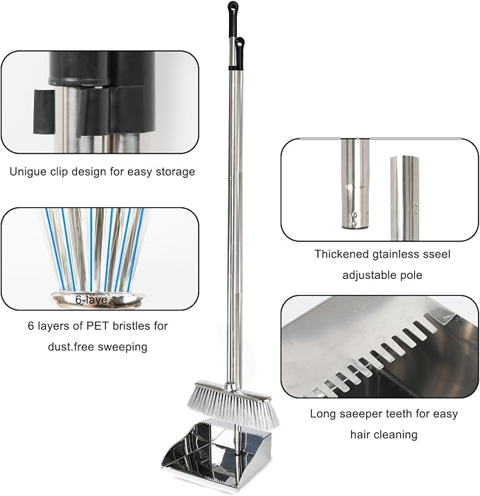 Broom and Dustpan Set,Soft Bristles Indoor Kitchen Broom with Stainless Steel Dustpan ，Metal Dust Pan，Silvery White, Suitable for Ceramic Tiles, Solid Wood, Composite Flooring