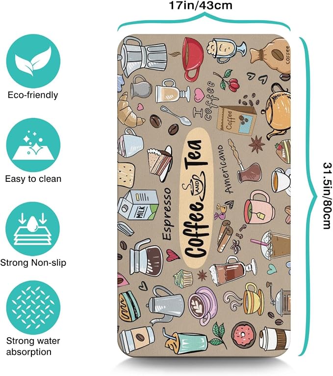 Coffee Mat 17inx31.5in, Coffee Bar Mat for Countertops, Absorbent, Hide Stain, Anti-Slip, Dish Drying Mat