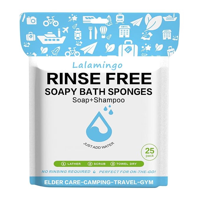 Disposable Rinse Free Bath Sponges, No Rinse Bathing Wipes for Adults, Soap Infused Dry Shower Wipes for Elderly, Bedridden, Camping, Post Surgery(25 Count 1 Pack)