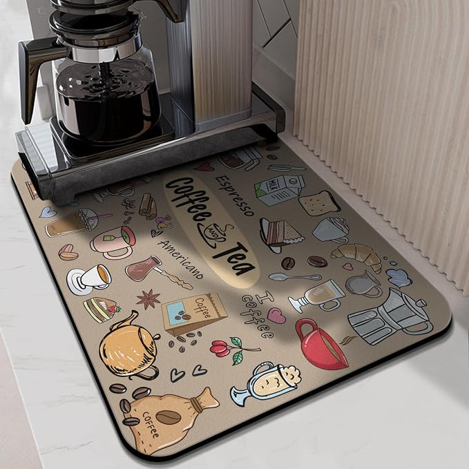 Fun Coffee Bar Mat 24inx18in, Absorbent Hide Stain Anti-Slip Accessories Fit Under Coffee Machine, Dish Drying Mat for Countertops