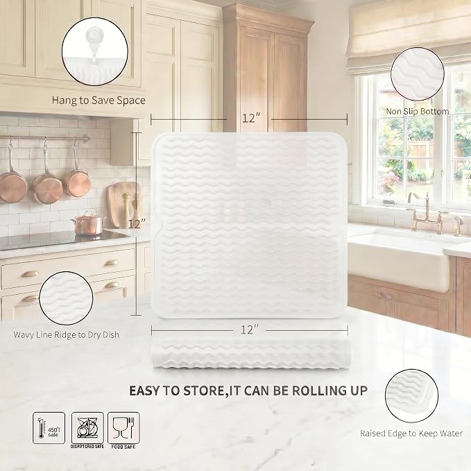 MicoYang Silicone Dish Drying Mat for Multiple Usage,Easy clean,Eco-friendly,Heat-resistant Silicone Mat for Kitchen Counter or Sink,Refrigerator or Drawer liner Translucent M 12 inches x 12 inches
