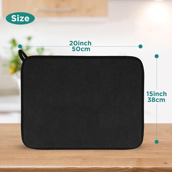 GeeRic Microfiber Dish Drying Mat, Super Absorbent Kitchen Dish Drying Pad, Reversible for Countertop, 15*20 inch Black