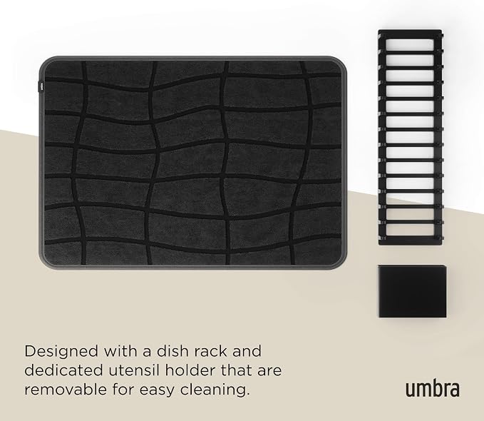 Umbra UDry Dish Drying Rack with Mat – Kitchen Countertop Dish Drainer & Absorbent Microfiber Drying Mat, Foldable Dish Rack Organizer for Plates, Cups & Utensils, Black