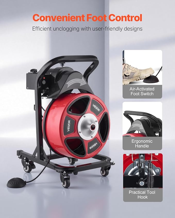VEVOR Drain Cleaner Machine 50 FT x 1/2 Inch, Manual Feed Sewer Snake Auger on Wheels - with 4 Cutters & Air-activated Foot Switch for 2" to 6" Pipes