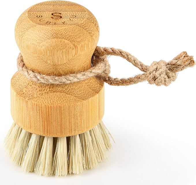 SUBEKYU Bamboo Dish Scrub Brushes for Kitchen, Cleaning Scrubber for Washing Cast Iron Pan/Pot, Natural Sisal Bristles, 1 Pack