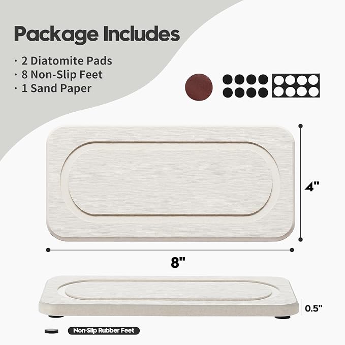 2Pack Diatomite Stone Sink Tray, Water Absorbing Faucet Mat for Kitchen & Bathroom Counter, Quick Dry Decorative Soap Dish Makeup Vanity Caddy,Dispenser Sponge Holder Organizer, Beige-8"x 3.8"
