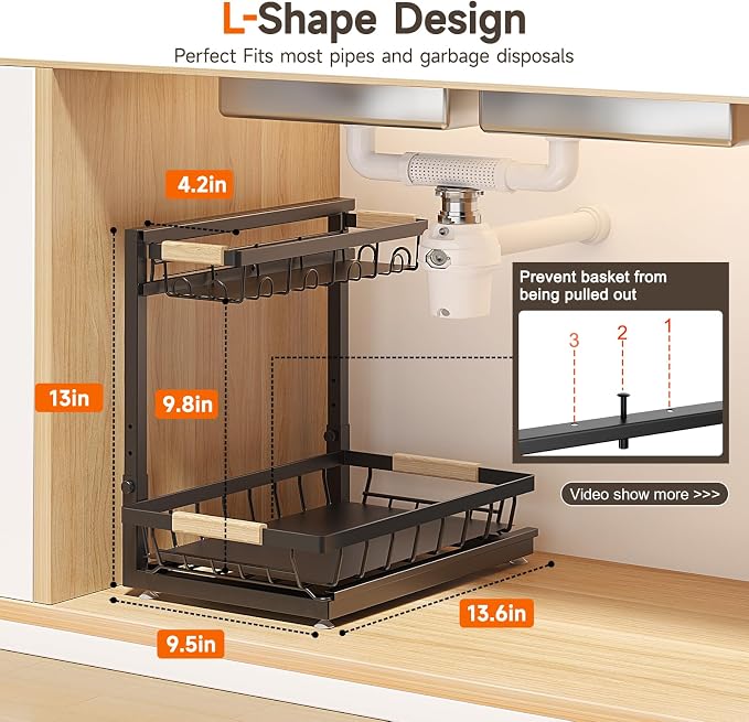 Sevenblue 2-Pack 2-Tier Height Adjustable Under Sink Organizer & Storage | Multi-purpose storage for kitchen & bathroom cabinet. Large brown shelf, height adjustable design for space-saving.