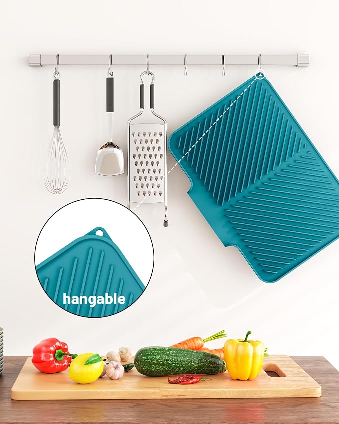 Dish Drying Mat Kitchen Counter - Silicone Dish Drying Pad with Built-in Drain for Sink, Refrigerator and Drawer liner, Easy Clean, Non-Slip, Heat Resistant, 14.8" x 10.7"