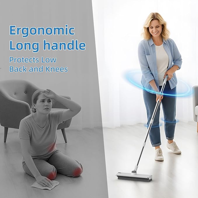 Floor Scrub Brush with Long Handle, 3 in 1 Scrape and Heavy-Duty Stiff Bristle Floor Scrubber Brush Broom with Squeegee and Tweezer for Cleaning White