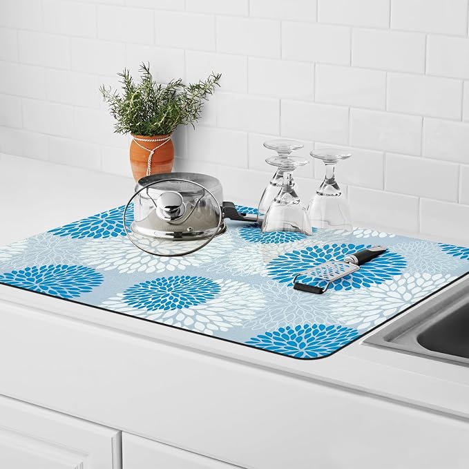 Dish Drying Mat, Dish Mat Drying Kitchen Mat with Rubber Backed, Hide Stain Kitchen Super Absorbent Draining Mat, Easy to Clean Dish Rack Pad for Dishes Countertop (Blue Floral, 16" x 24" )