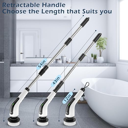 Electric Spin Scrubber, Power Shower Cleaning Brush with Long Handle | Cordless Cleaning Scrubber, 7 Replaceable Brush Heads, 90Mins Work Time, 3 Adjustable Size, 2 Speeds for Bathroom Cleaner