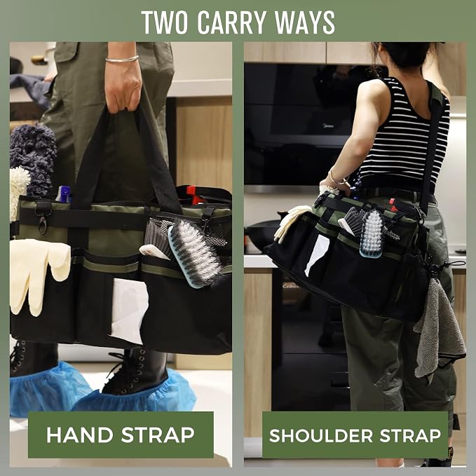 SCAVATA Wearable Cleaning Caddy Organizer with Handle & Shoulder Straps for Housekeepers, Under Sink & Car Cleaning Tool Organizer Bag with 4 Foldable Dividers (Green)