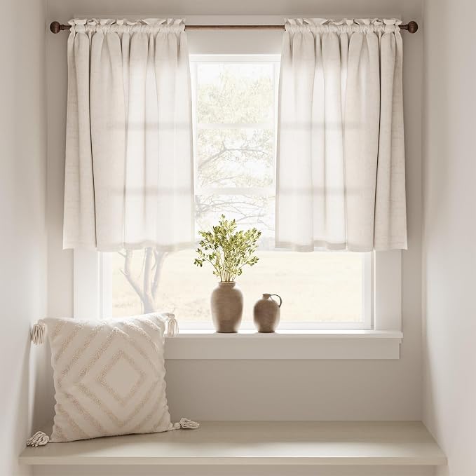 jinchan Beige Rustic Linen Rod Pocket Kitchen Curtains, 26x24, 2 Panels | Light filtering, cafe curtains, machine washable, farmhouse, kitchen, bathrooms, laundry, small window, over sink