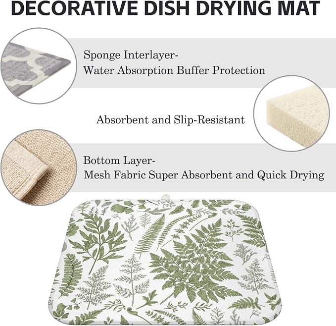 Boho Dish Drying Mat for Kitchen Counter,Botanical Fern Plant Floral Farmhouse Absorbent Microfiber Reusable Washable Non-Slip Dish Drainer Draining Mats Dishes Pad for Kitchen Decor 18x16 Inch