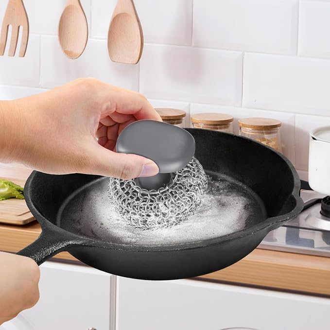 Cast Iron Scrubber | Dish Scrub Brush | 316 Cleaner Chainmail Scrubber for Cast Iron Pan Skillet Cleaner - Dish Scouring Pad Dishwasher Safe Cleaning Kit, Grey 02