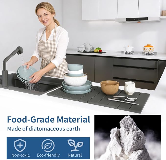 Hopegiver Stone Drying Mat for Kitchen Counter, 24" x 16" Quick Dry Diatomaceous Earth Dish Drying Mat, Super Absorbent, Non-Slip & Foldable, Modern Dark Gray Countertop Mat (DarkGray,24''x16'')