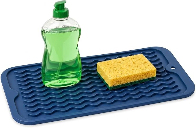 ZLR Silicone Sink Caddy Tray (6" x 12" / 153 x 305mm) - Narrow Sponge Holder for Kitchen Counter - Waterproof Dish Drying Mat, Non-Slip Soap Dispenser Mat & Bathroom Vanity Organizer (Midnight Blue)