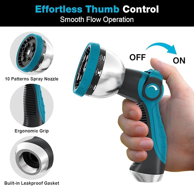 Besiter Garden Hose Nozzle Sprayer: 2 Pack 10 Watering Patterns Spray Nozzles Heavy Duty Metal Hose Head Hose Attachment, Thumb Control On Off Valve Blue Orange