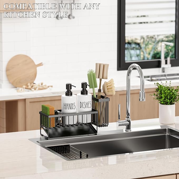 MASADI Kitchen Dish Soap Dispenser Set with Sponge Holder, 12OZ Glass Bottle, Hand and Dish Soap Dispenser Set, Non-Slip Silicone Pad, Brush Holder, Kitchen Sink Organizer Countertop (Black+White)