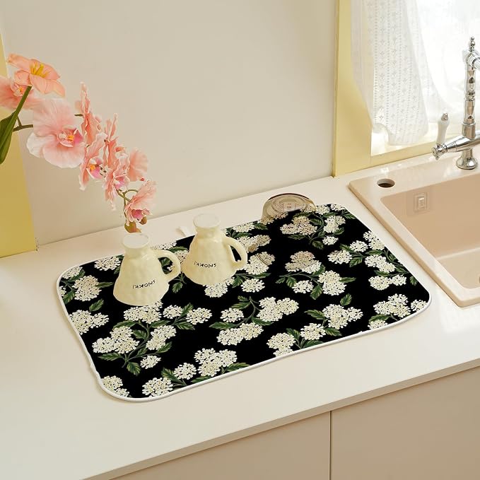 Black Hydrangea Dish Drying Mats 18x24 Inch Mats Spring Beige Green Floral Drying Mats Summer Vintage Flower Seasonal Absorbent Drying Dish Pad for Kitchen Dining Room Counter Decorations