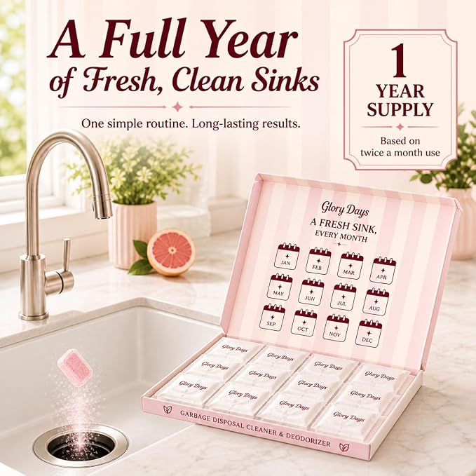 Glory Days Garbage Disposal Cleaner and Deodorizer Tablets | Foaming Citrus Drain Freshener, Sink Odor and Grease Buildup Remover, Septic Safe, Plant Based, Plastic Free