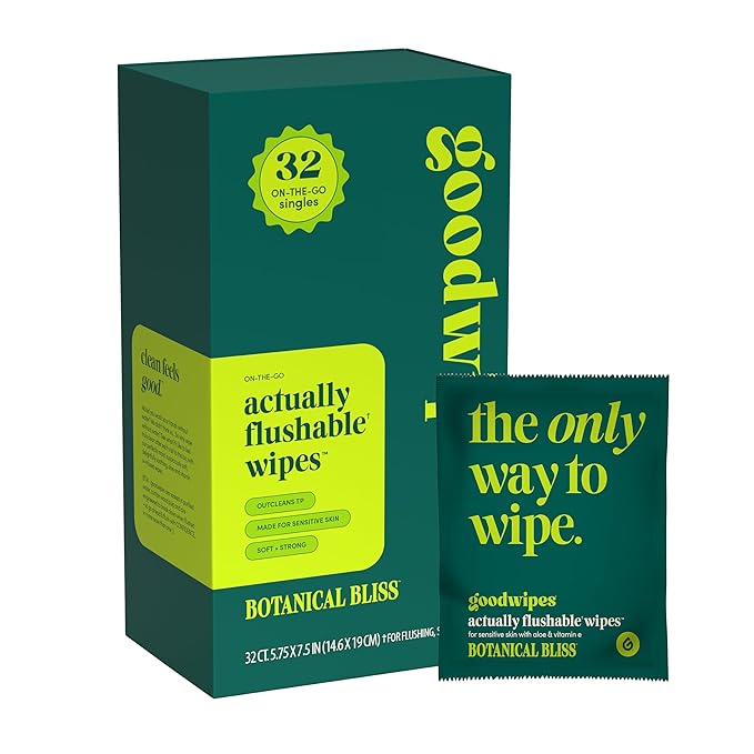 goodwipes Flushable Wipes for Women - Botanical Bliss Individually Wrapped Travel Butt Wipes To Go, Mini Purse & Festival Essentials for Adults, pH Balanced for Feminine Hygiene, 32 Count (1 Pack)