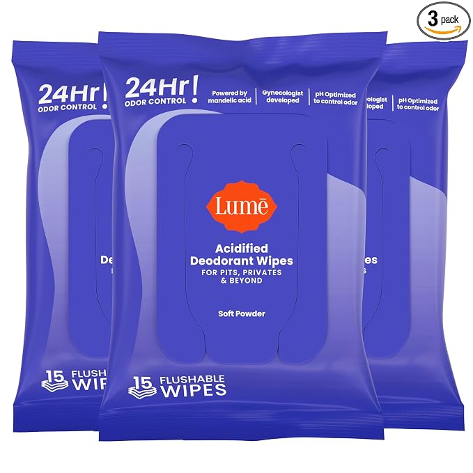 Lume Acidified Deodorant Wipes - 24 Hour Odor Control - Whole Body Deodorant Wipes - Aluminum Free, Baking Soda Free, Skin Loving - Flushable - 15 Count - 3 Pack (Soft Powder)