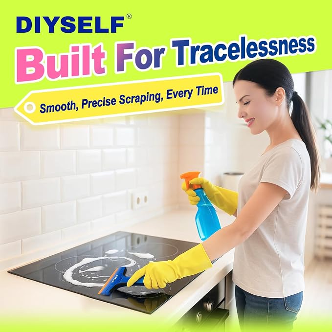 DIYSELF Plastic Glass Scraper Tool with 5 Pcs 4-Inch Blades for Cooktops | Plastic Razor Blade Scraper, Decal Remover for Glass, Labels, Adhesive, Cooktops & Tile, Home Cleaning, DIY Users, Yellow