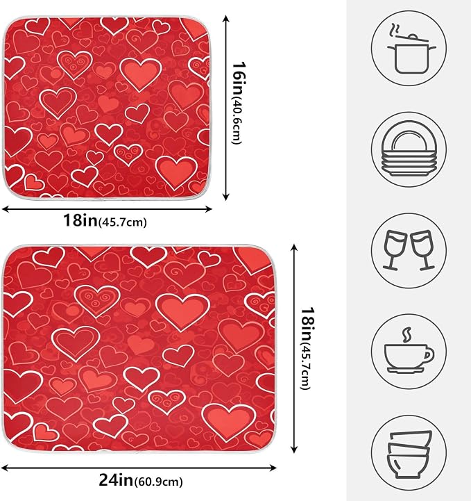 Red Hearts Cute Dish Drying Mat for Kitchen Counter Absorbent Microfiber Large Drying Pad Dish Mats for Kitchen Countertops 18 x 24 Inch