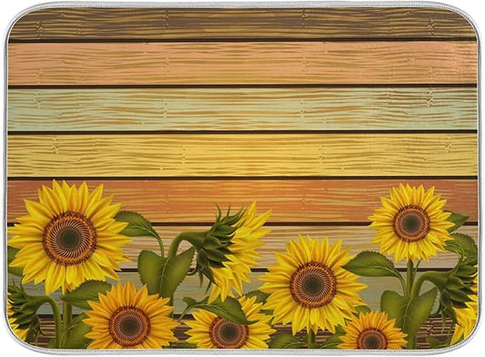 Super Absorbent Dish Drying Mat, Microfiber Fast-Drying Dish Mat, 24" x 18", Kitchen Dish Drying Pad, Sunflower On Wooden Board Vintage