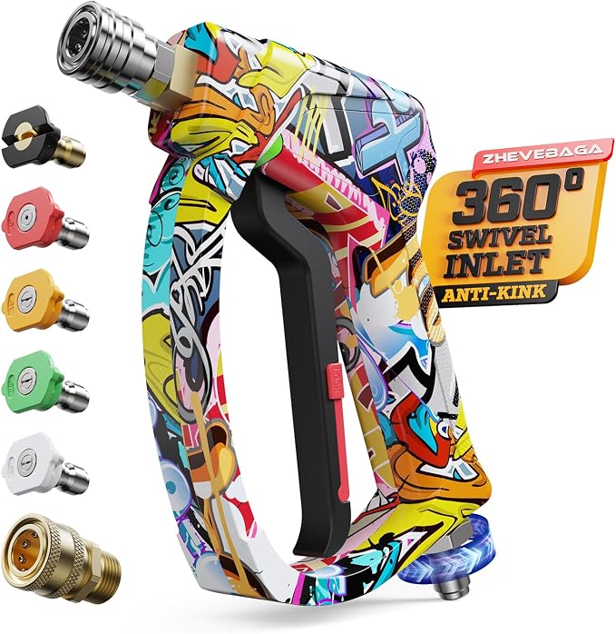 Short Pressure Washer Gun with Swivel, Power Washer Gun | 4000PIS Pressure Washer Wand for Foam Cannon, 3/8" & M22-14mm Connect, 1/4" Quick Connect, Car Washer Gun 5 Spray Nozzle