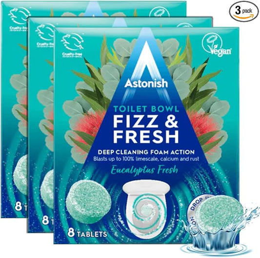 Astonish Foaming Eucalyptus Fresh Fizz & Fresh Bathroom Toilet Bowl Cleaner - Deep Cleaning Limescale, Calcium & Rust Stain Remover - Removes Hard to Reach Stains, 24 Tablets (3 Packs of 8)