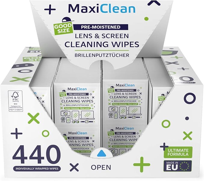 MAXI CLEAN 440 Pack Lens Wipes for Eyeglasses Pre-Moistened, Individually Wrapped Streak-Free Cleaning for Glasses & Laptop Screens, Glasses Cleaner Wipe Bulk 5.5 x 4.7 Inch, Sunglasses & Phone Wipe