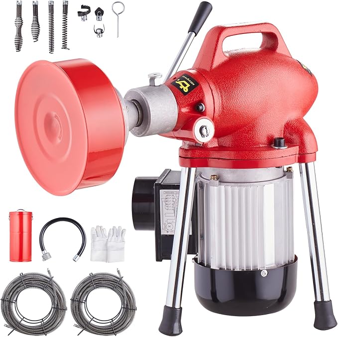 VEVOR Drain Cleaner Machine 120FT x 5/8 Inch, 370W Electric Sewer Snake Auger Manual Feed - with 2 Sectional Steel Cables(120' x 5/8" and 23' x 3/8"), 7 Cutters and CW/CCW Control for 1.6" to 4" Pipes