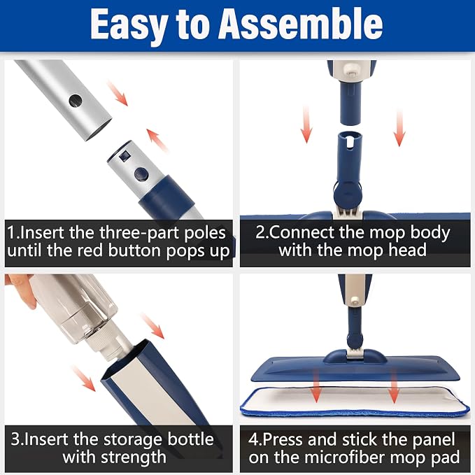 Spray Mop for Floor Cleaning, 2 Pack with Refillable Bottles & Pads | Blue combo, refillable 14 oz bottles, 6 washable microfiber pads, wet/dry use for hardwood, tile, laminate, home & commercial