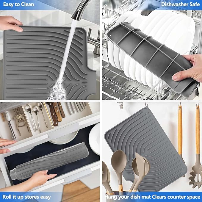 Dish Drying Mat for Kitchen Counter, with Built-in Drain Lip, Food-Grade Silicone, Easy Clean Pad for Countertop Protection, Multi-Functional Use (14.7x10.2, Grey)