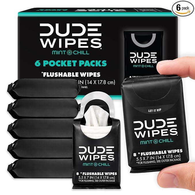 DUDE Wipes Mint Chill Pocket Packs - Travel Wipes - 6 Packs of 8 (48 Count) - On-The-Go Adult Flushable Wipes - Infused with Tea Tree Oil, Vitamin E, and Aloe - Septic and Sewer Safe