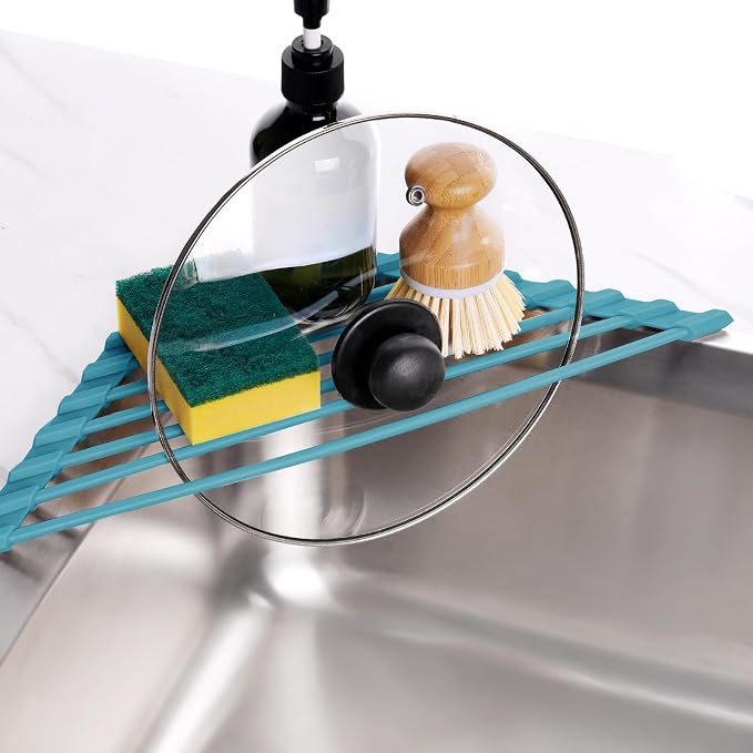 Tomorotec Compact Silicone-Coated Triangle Dish Drying Rack for Sink Corner - Foldable Stainless Steel Over-The-Sink Organizer and Storage Shelf (Dark Green)