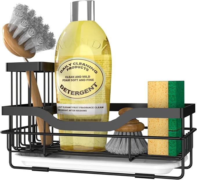 Sponge Holder for Kitchen Caddy Sink Organizer, Multifunctional Rustproof Dish Soap Sponge Caddy for Sink Counter with Detachable Brush Holder & Drain Tray - Storage Kitchen & Home Accessories