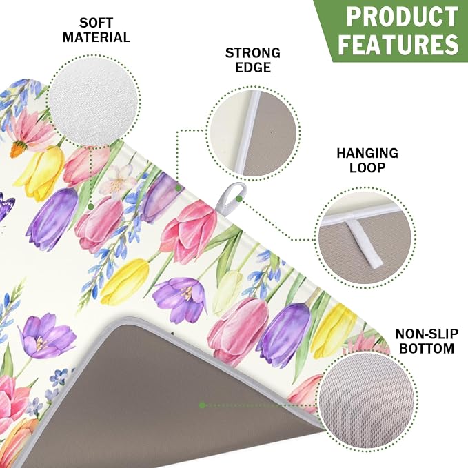 Spring Floral Dish Drying Mat for Kitchen Counter Easter Tulip Lavender Flower Microfiber Dish Drainer Mat Rustic Farmhouse Absorbent Washable Drying Pad 16"x18"