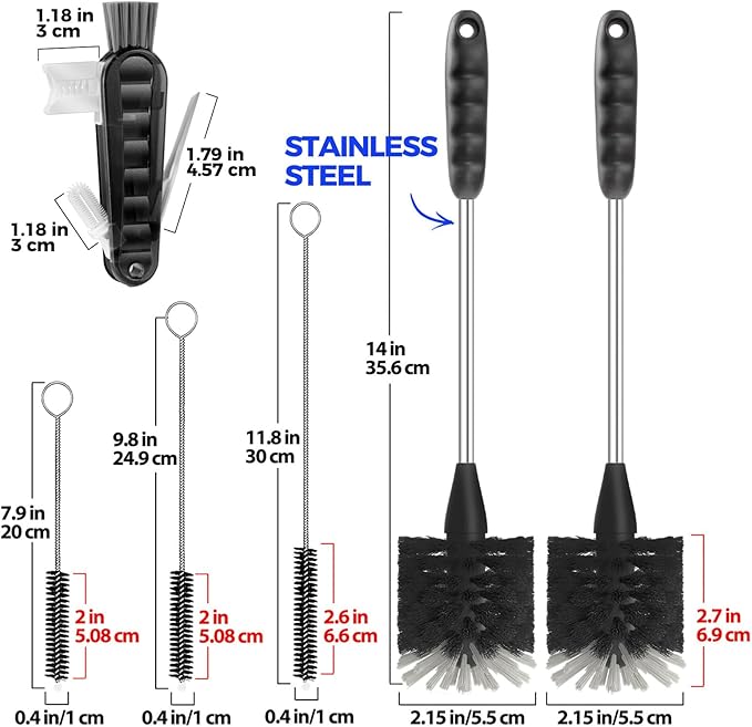Holikme 6 Pack Bottle Brush Set, 14" Long Handle Stainless Steel Bottle Cleaner Brush, 3 Straw Brushes, Bottle Cleaning Brush for Water Bottle, Baby Bottle Straws, Black
