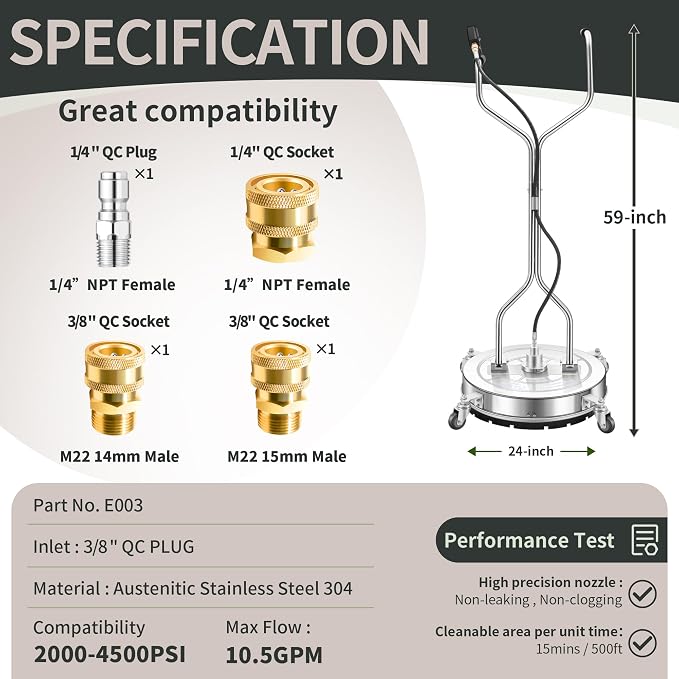 LidoDola 20'' Pressure Washer Surface Cleaner, Power Washer Accessory | Stainless Steel Body, Dual Handles, 4 Replacement Nozzles, Ideal for driveways, decks & patios—clean effortlessly