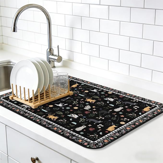 Dish Drying Mat, Vintage Rustic Boho Kitchen Dishes Absorbent Pad, 16x18in | Eco-friendly diatomite with non-slip rubber backing. Super absorbent mat for kitchen counters, coffee bars & sinks