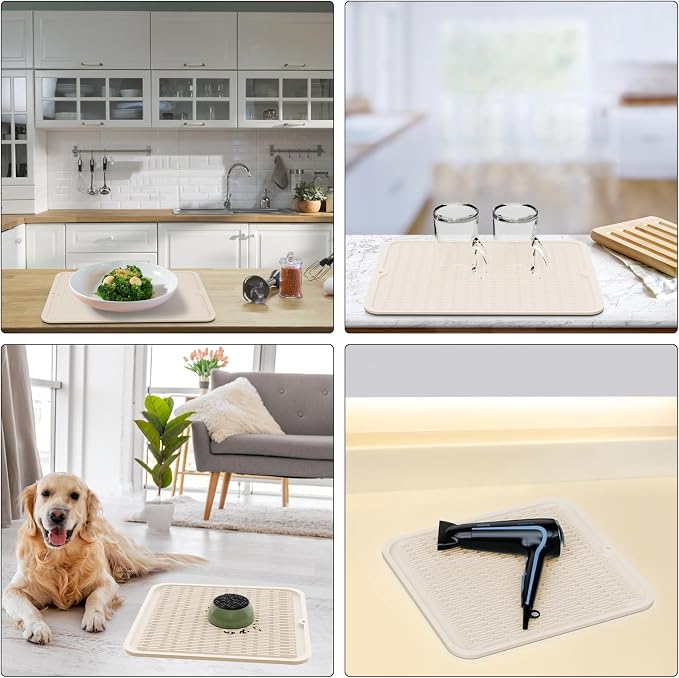 ZLR 4-in-1 Silicone Mat 12" x 12" / 305 x 306mm Square - Dish Drying Mat, Air Fryer Mat, Coffee Maker Pad & Heat Resistant Trivet (up to 450°F) - Non-Slip Food-Grade BPA-Free (Cassava White)
